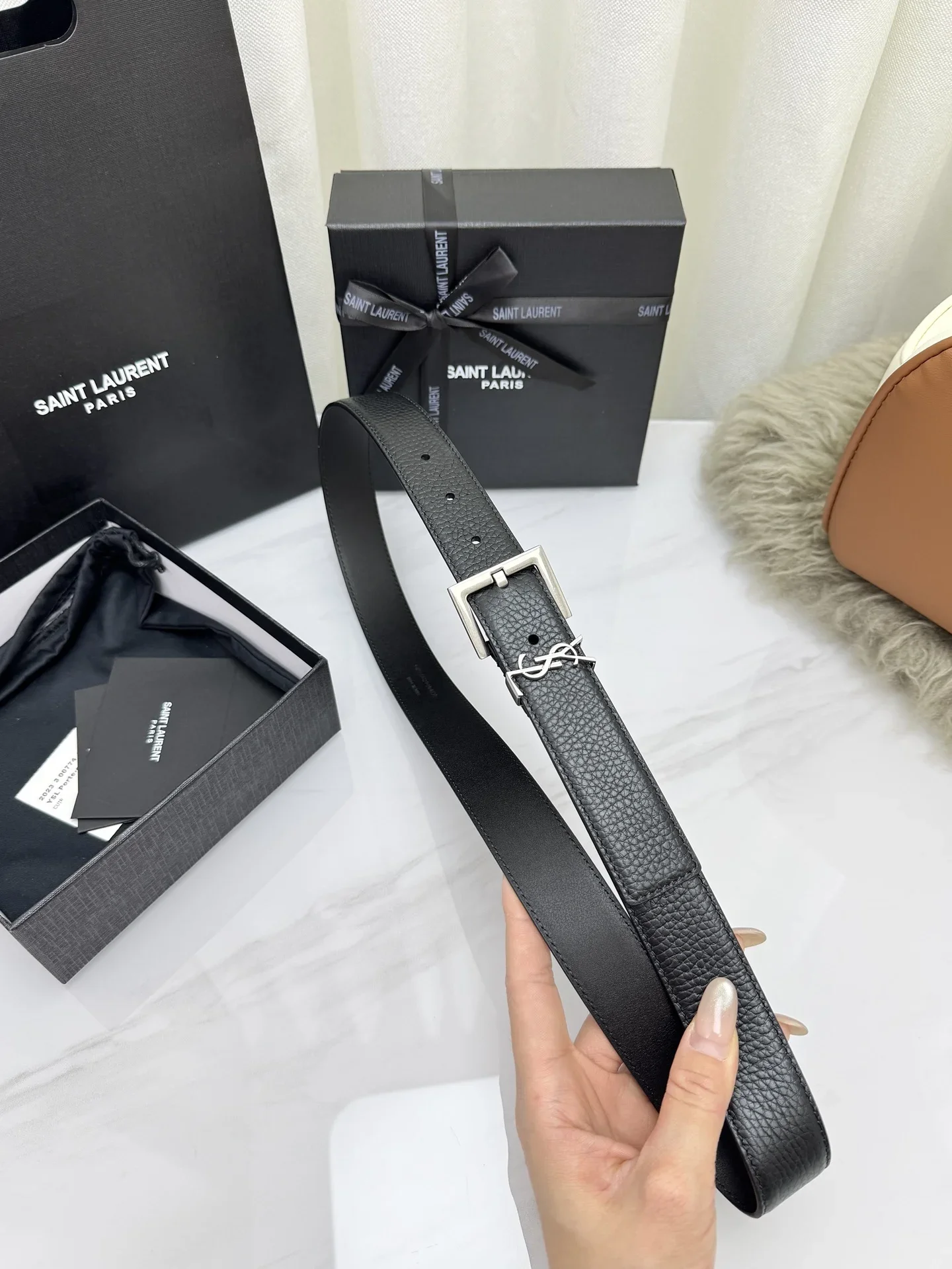 SAINT LAURENT Belts Grained Leather (Black) 3.0cm Width 160202607050765 - Image 7