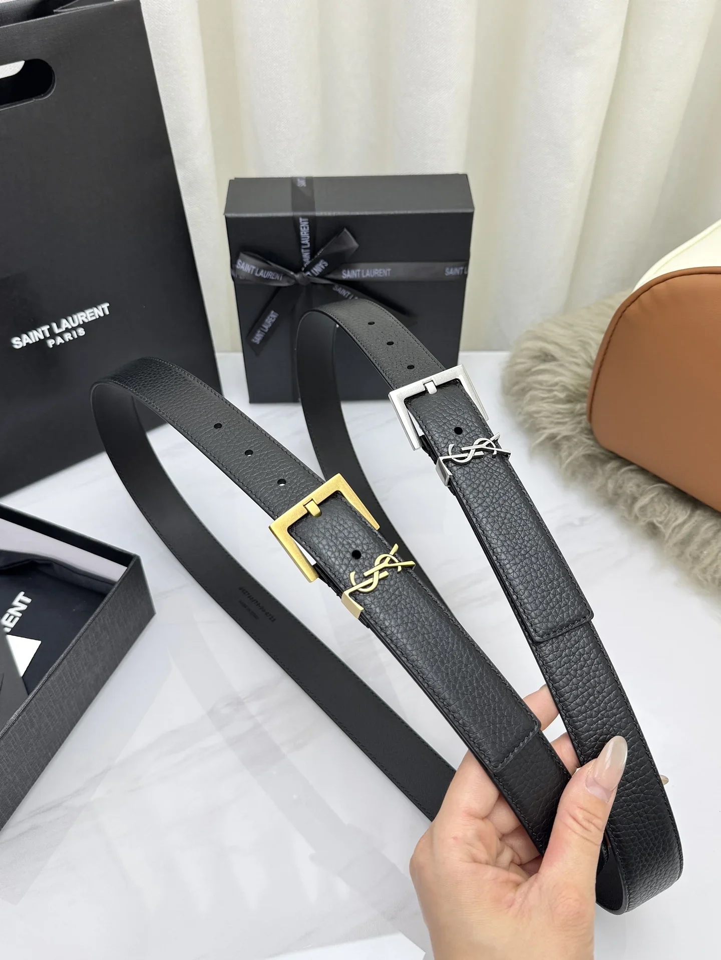 SAINT LAURENT Belts Grained Leather (Black) 3.0cm Width 160202607050765 - Image 9