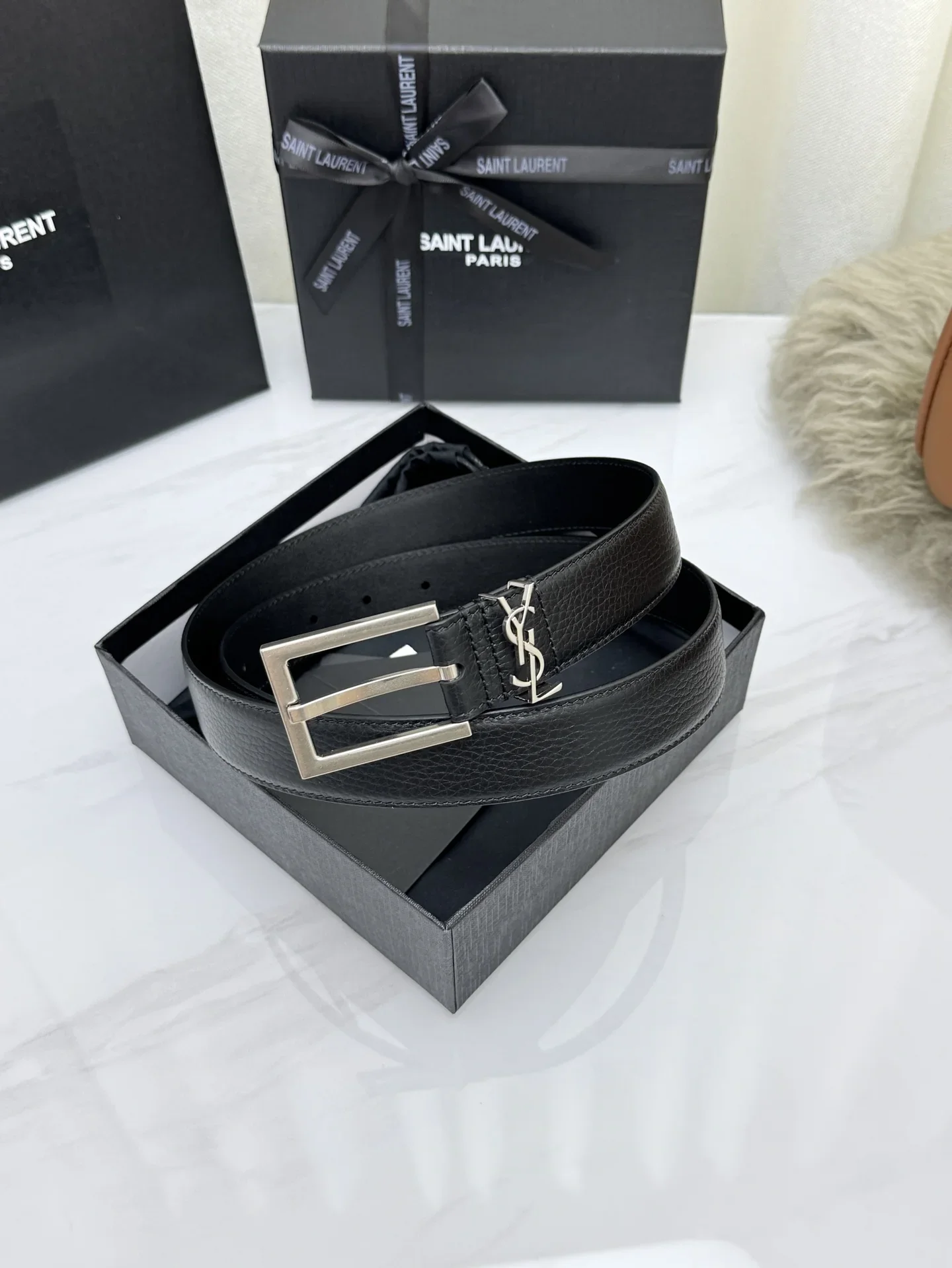 SAINT LAURENT Belts Togo Leather (Black) 3.0cm Width 160202607050764