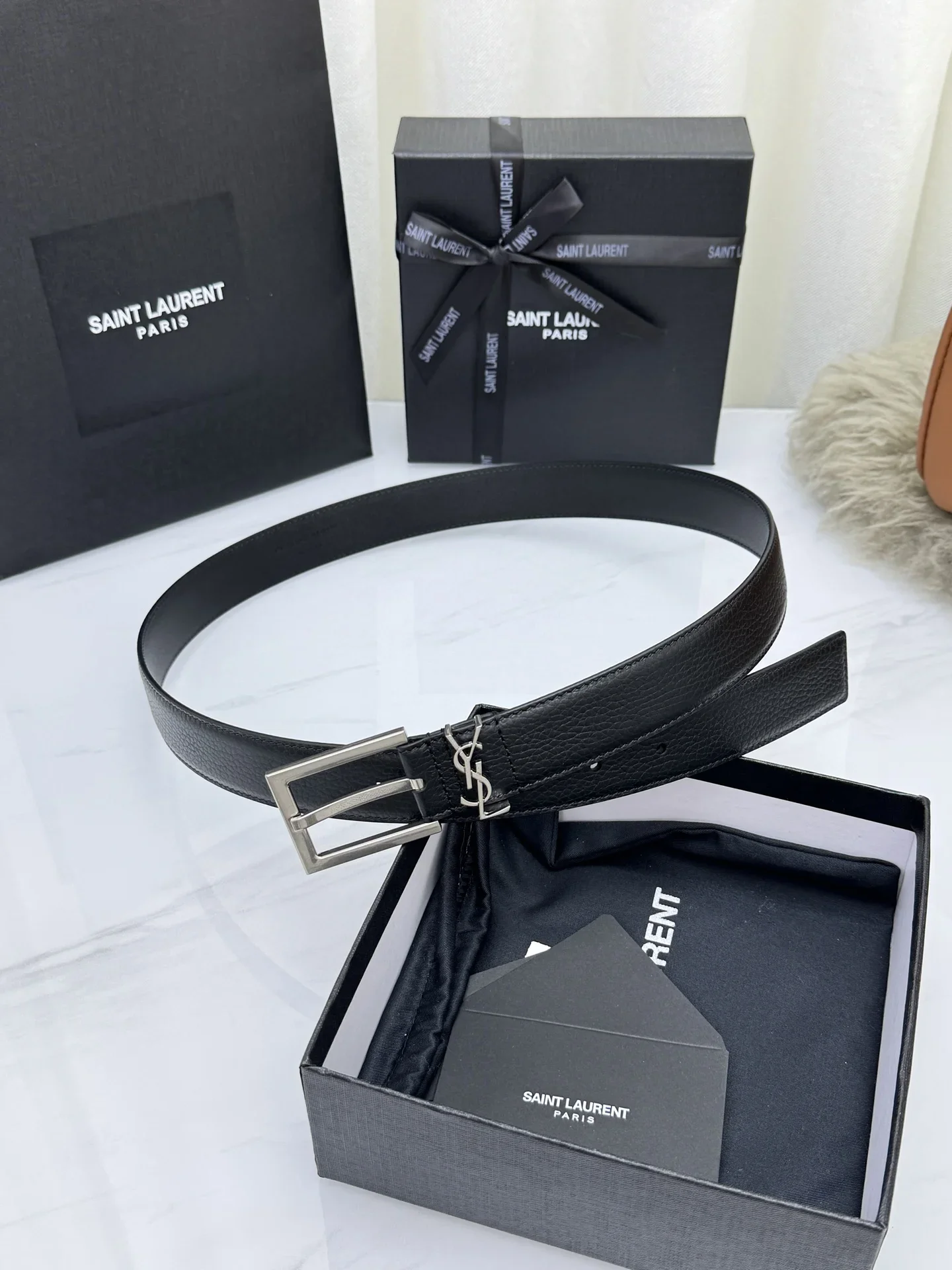 SAINT LAURENT Belts Togo Leather (Black) 3.0cm Width 160202607050764 - Image 2