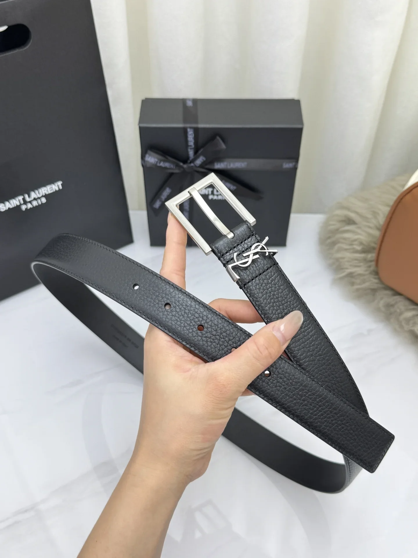 SAINT LAURENT Belts Togo Leather (Black) 3.0cm Width 160202607050764 - Image 3