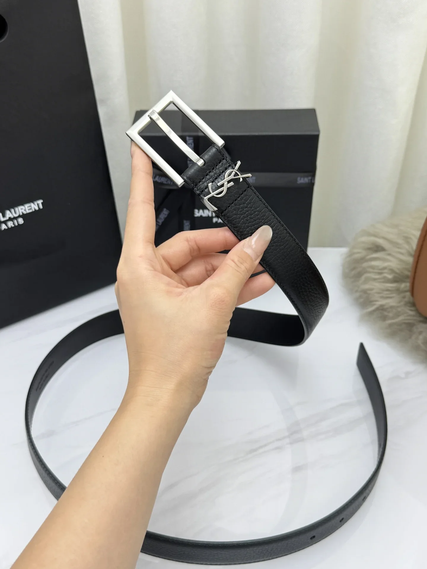 SAINT LAURENT Belts Togo Leather (Black) 3.0cm Width 160202607050764 - Image 4