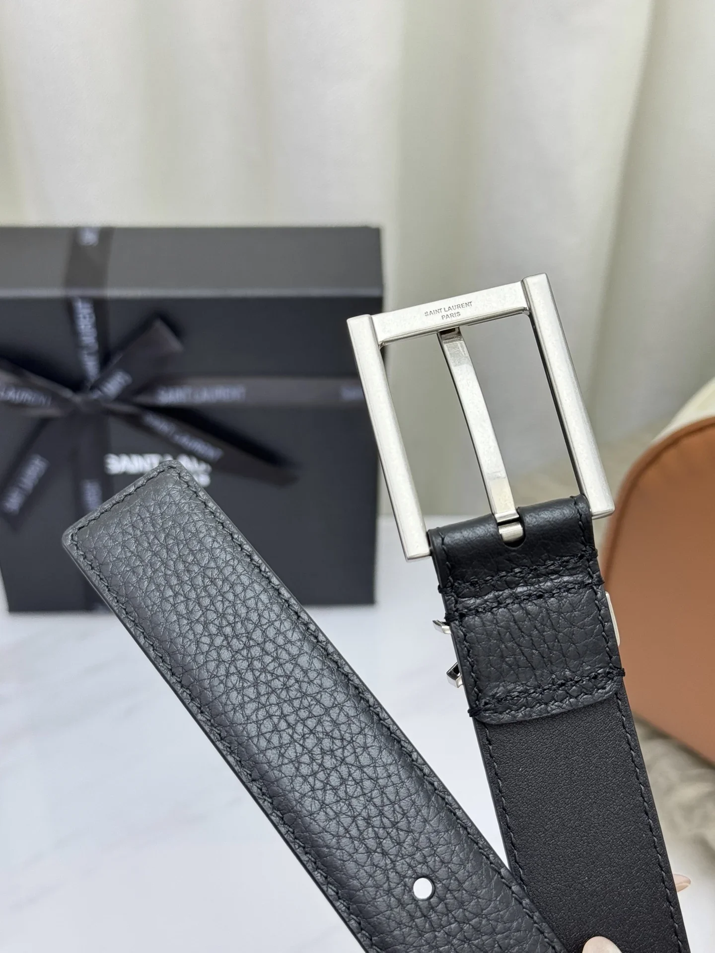 SAINT LAURENT Belts Togo Leather (Black) 3.0cm Width 160202607050764 - Image 6