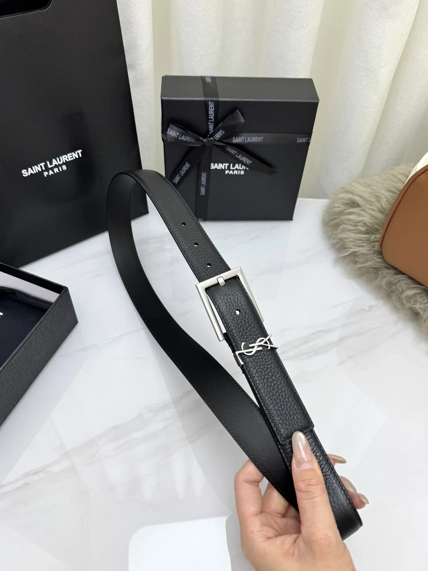 SAINT LAURENT Belts Togo Leather (Black) 3.0cm Width 160202607050764 - Image 7