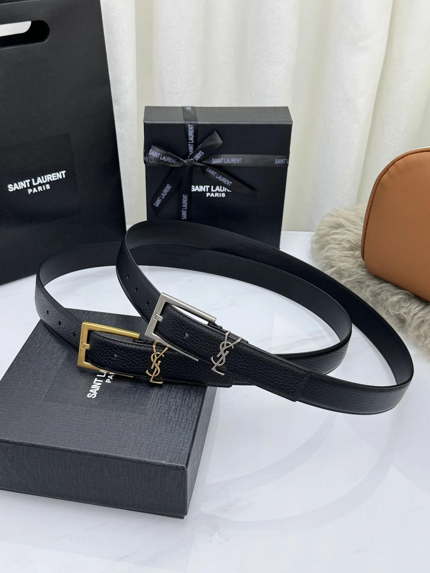 SAINT LAURENT Belts Togo Leather (Black) 3.0cm Width 160202607050764 - Image 9