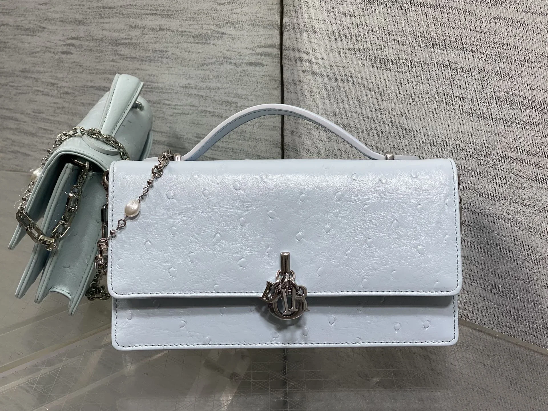 DIOR Clutches Bags Calfskin Ostrich Embossed Light Blue-Silver 21X11X5CM F50202609090150 - Image 2