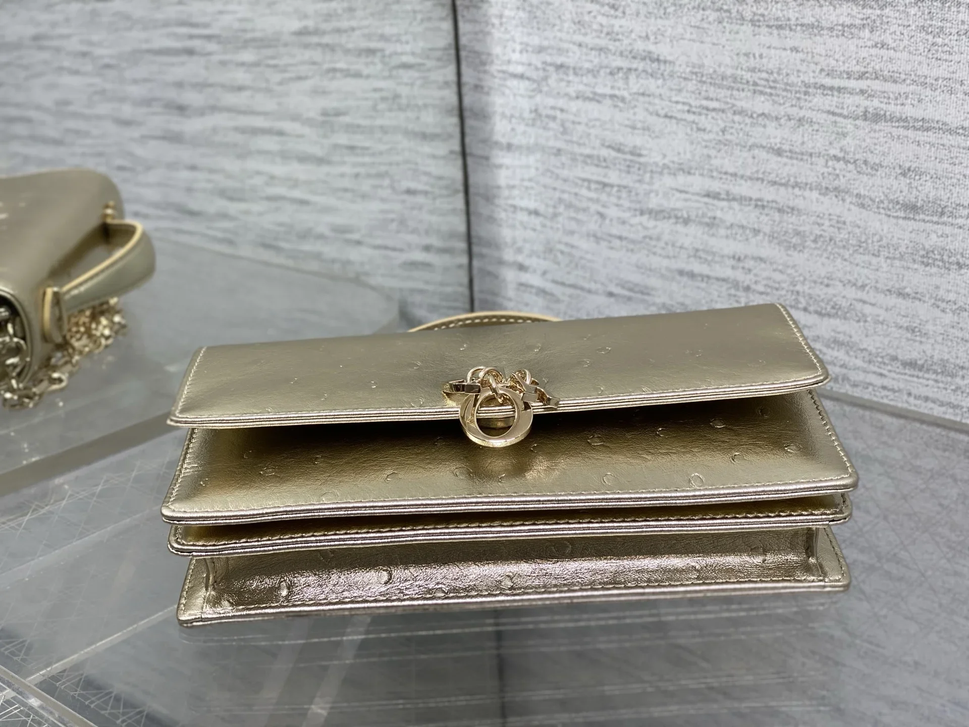 DIOR Clutches Bags Ostrich Embossed Leather Gold 21X11X5CM F50202609090149 - Image 7