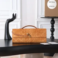 BOTTEGA VENETA Clutches Bags Nappa Lambskin Brown-Gold 31X13X3CM F8010064495