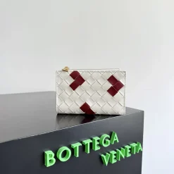 BOTTEGA VENETA Wallet Bags Lambskin Leather White-Burgundy 14.5X9.3X2CM D8010065002