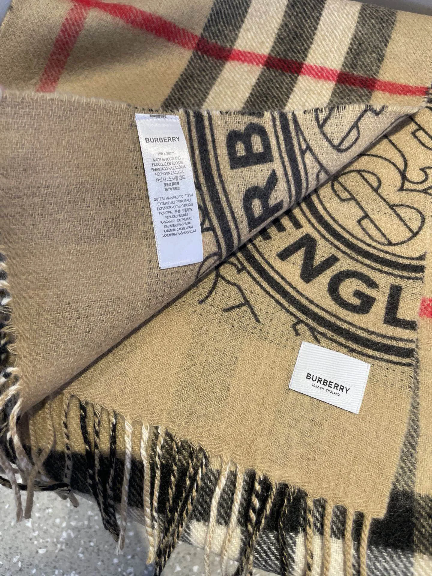 BURBERRY Scarves Cashmere Tan-Black-Red 30x180CM A4510070255 - Image 5