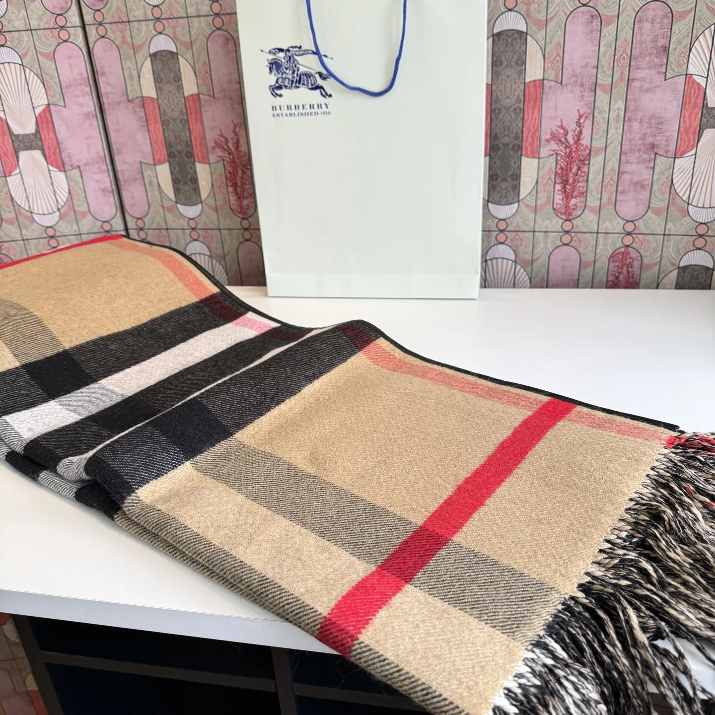 BURBERRY Scarves Cashmere Wool Beige-Black-Red-White 140_140 B6010070859 - Image 12
