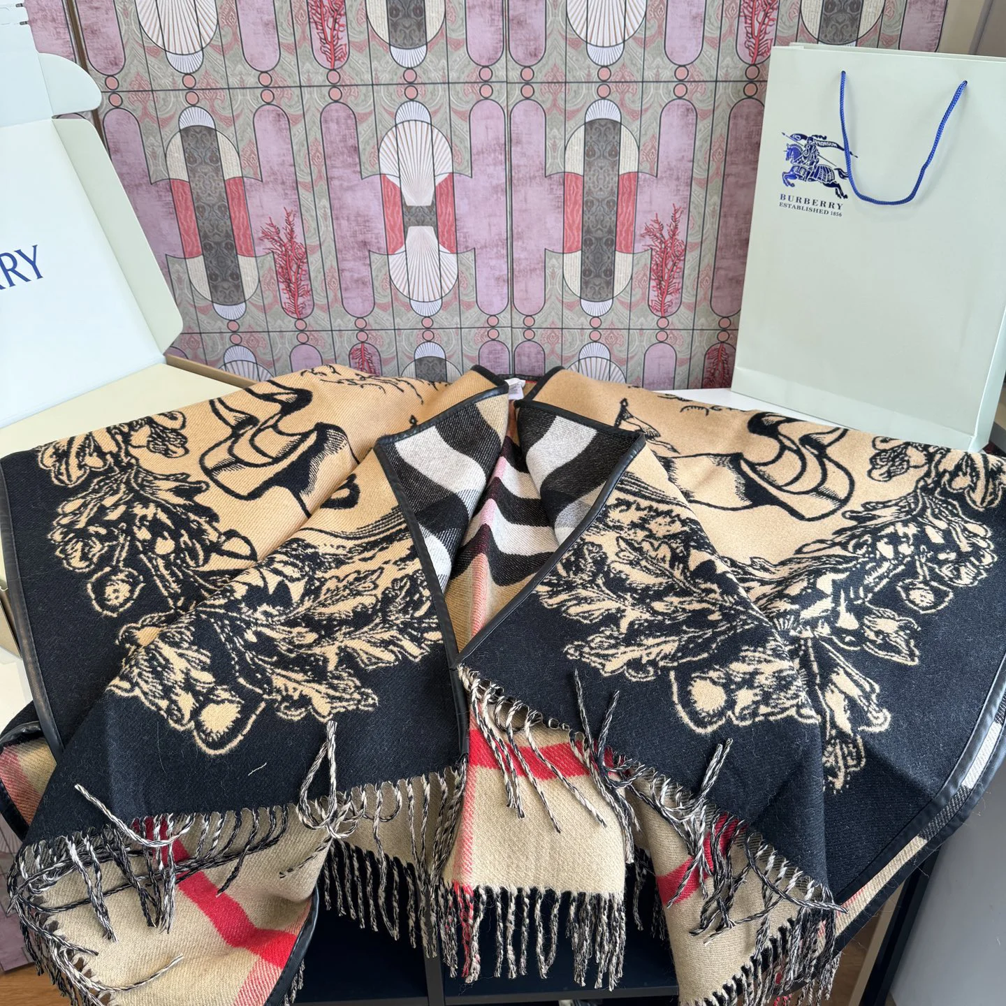 BURBERRY Scarves Cashmere Wool Beige-Black-Red-White 140_140 B6010070859 - Image 2