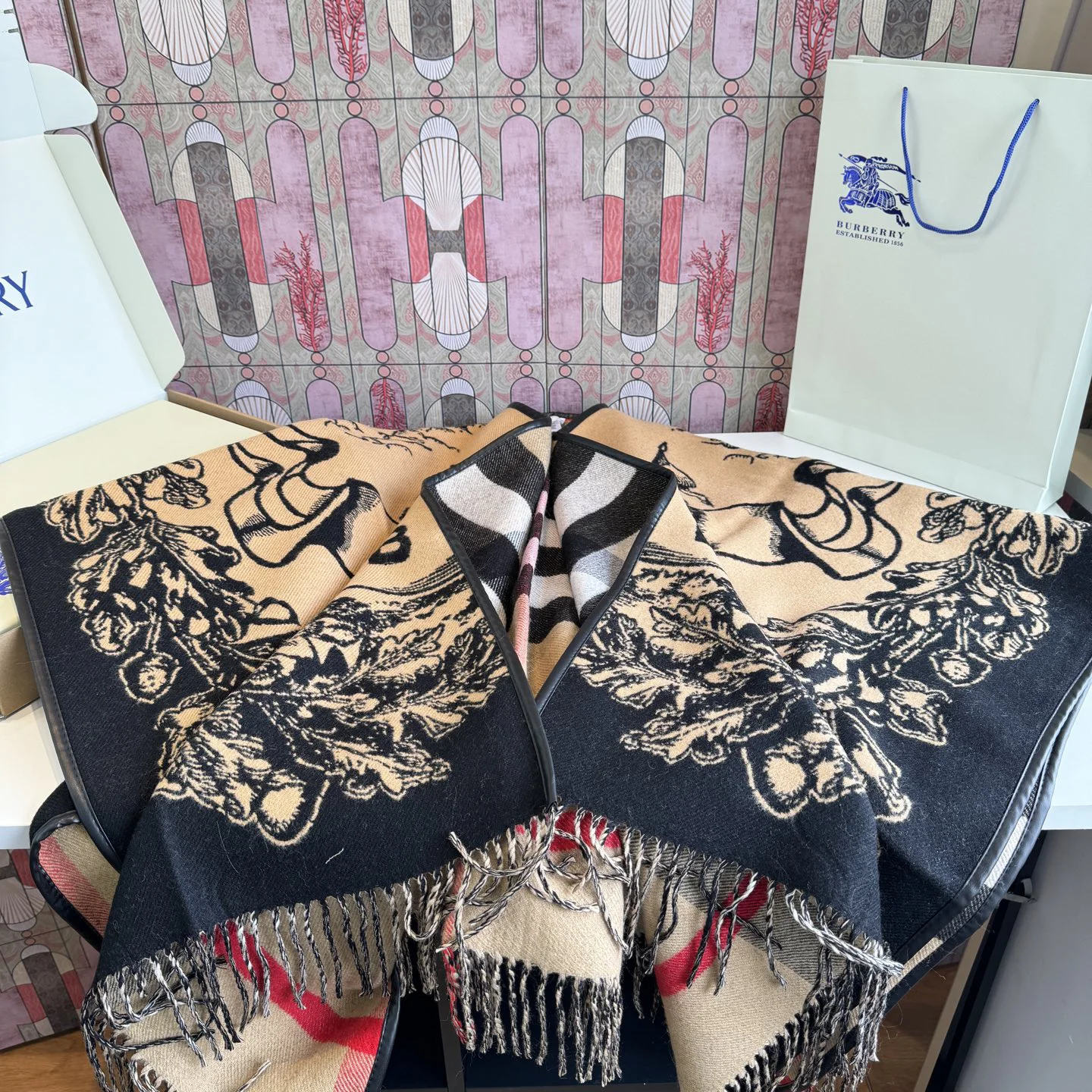BURBERRY Scarves Cashmere Wool Beige-Black-Red-White 140_140 B6010070859 - Image 4