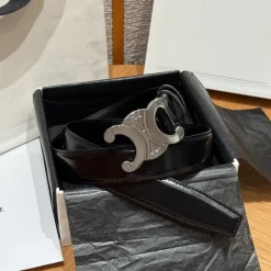 CELINE Belts Calfskin Leather Black-Silver 3.0cm Width A7010050027