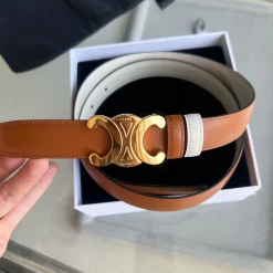 CELINE Belts Taurillon Leather Brown-White 1cm Width A6010050339