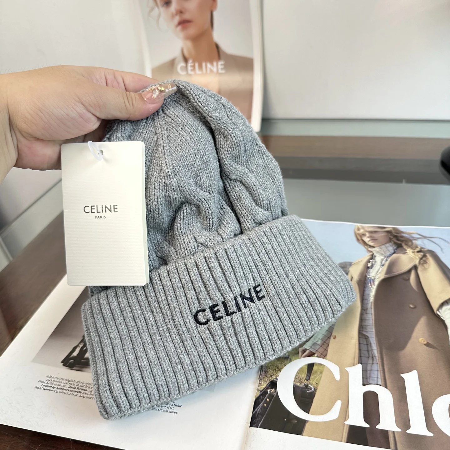 CELINE Hats Knit Grey-Black One Size D510072401 - Image 4
