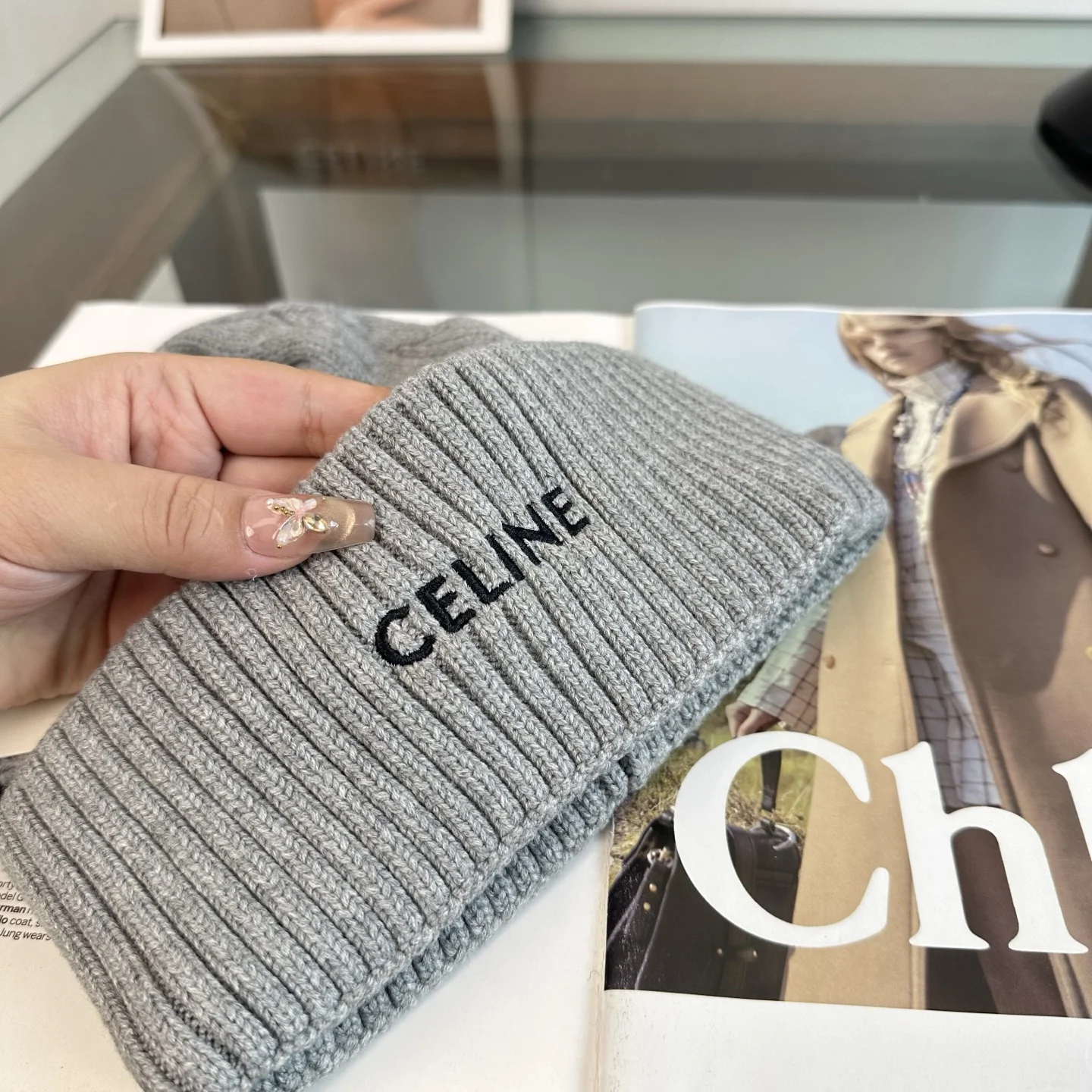 CELINE Hats Knit Grey-Black One Size D510072401 - Image 5