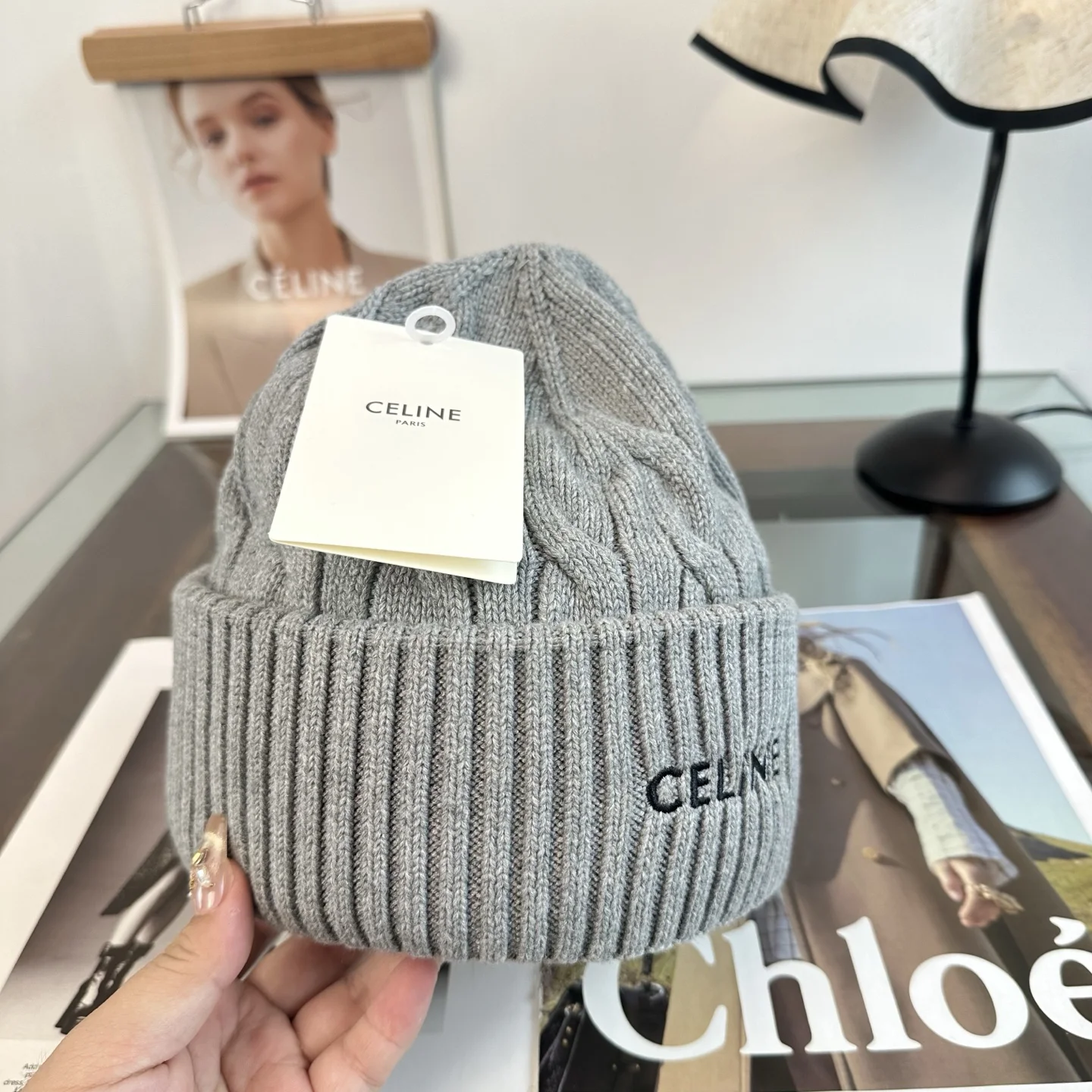 CELINE Hats Knit Grey-Black One Size D510072401 - Image 7