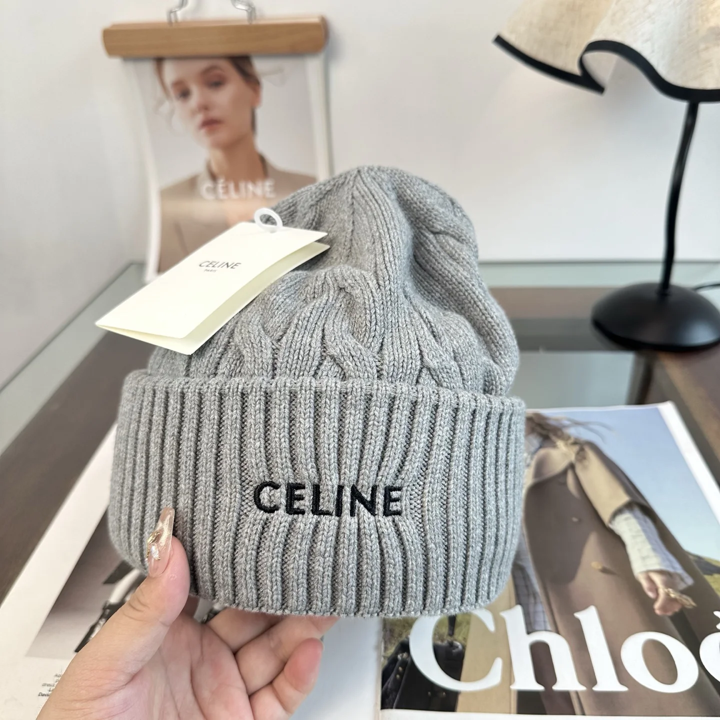 CELINE Hats Knit Grey-Black One Size D510072401 - Image 8