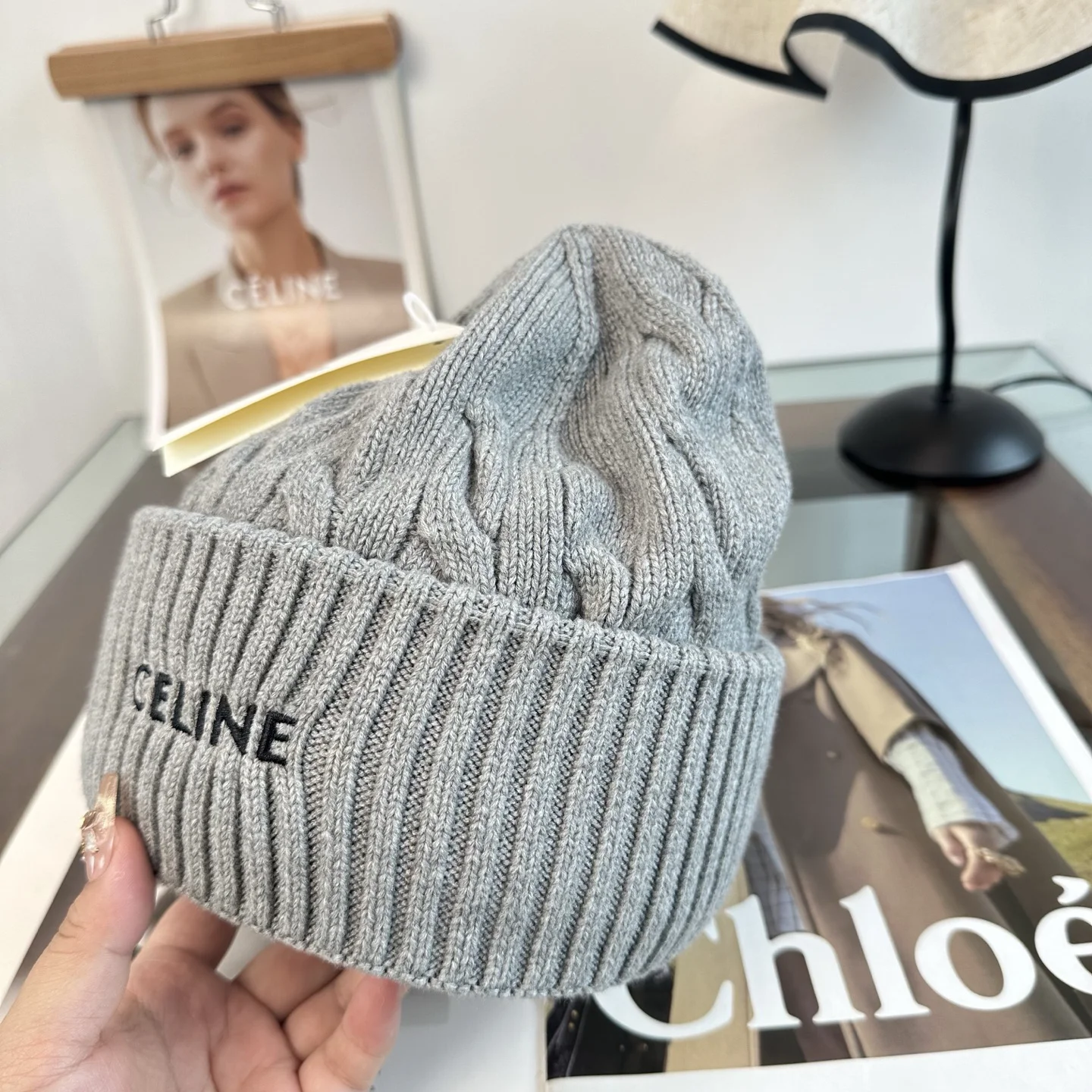 CELINE Hats Knit Grey-Black One Size D510072401 - Image 9