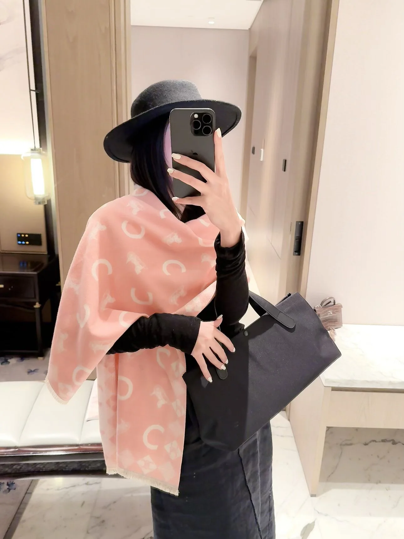 CELINE Scarves Cashmere Pink-Black 60X180 D510070915