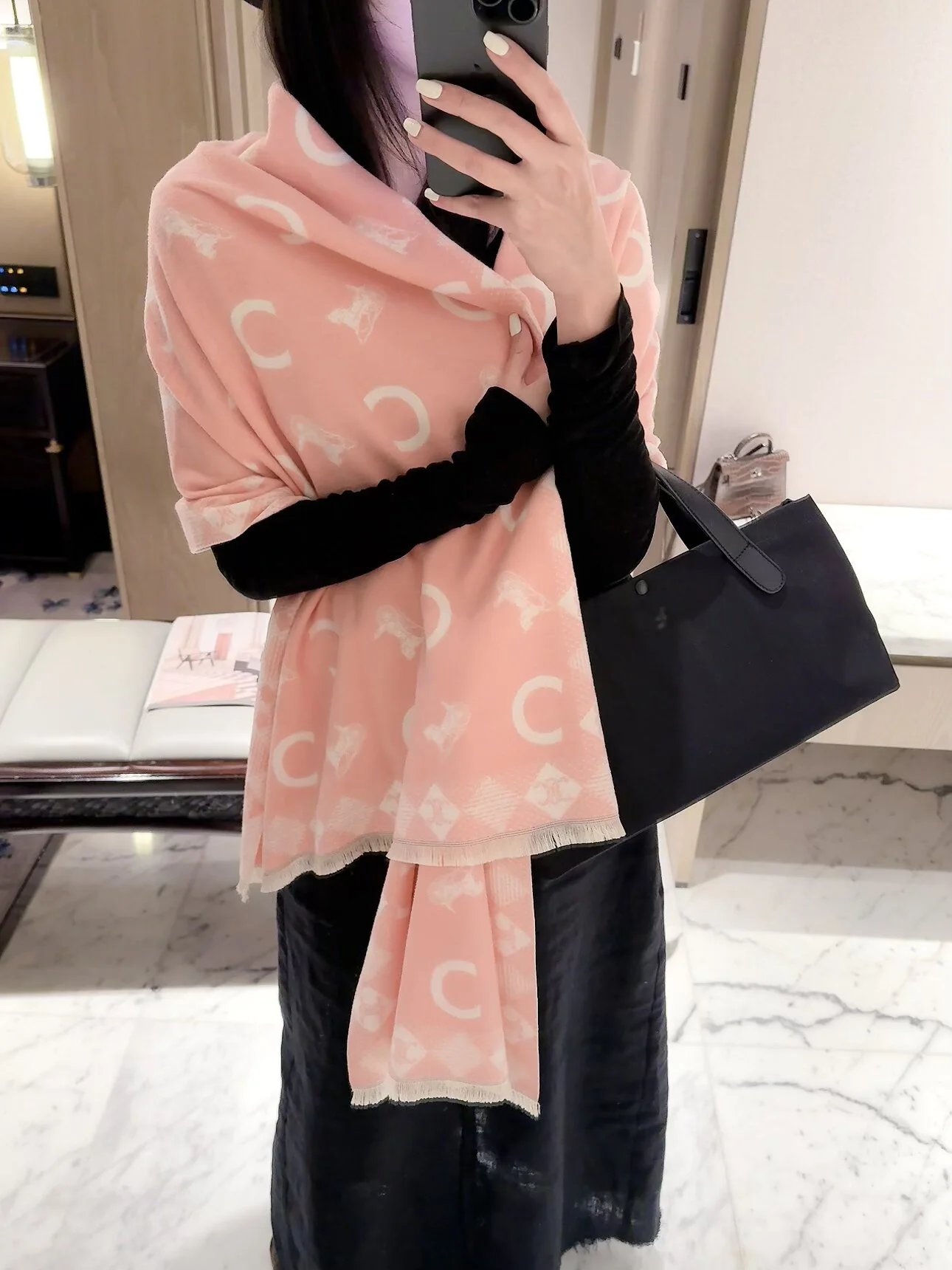CELINE Scarves Cashmere Pink-Black 60X180 D510070915 - Image 2