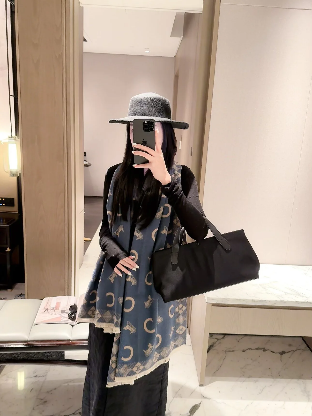 CELINE Scarves Cashmere Pink-Black 60X180 D510070915 - Image 6
