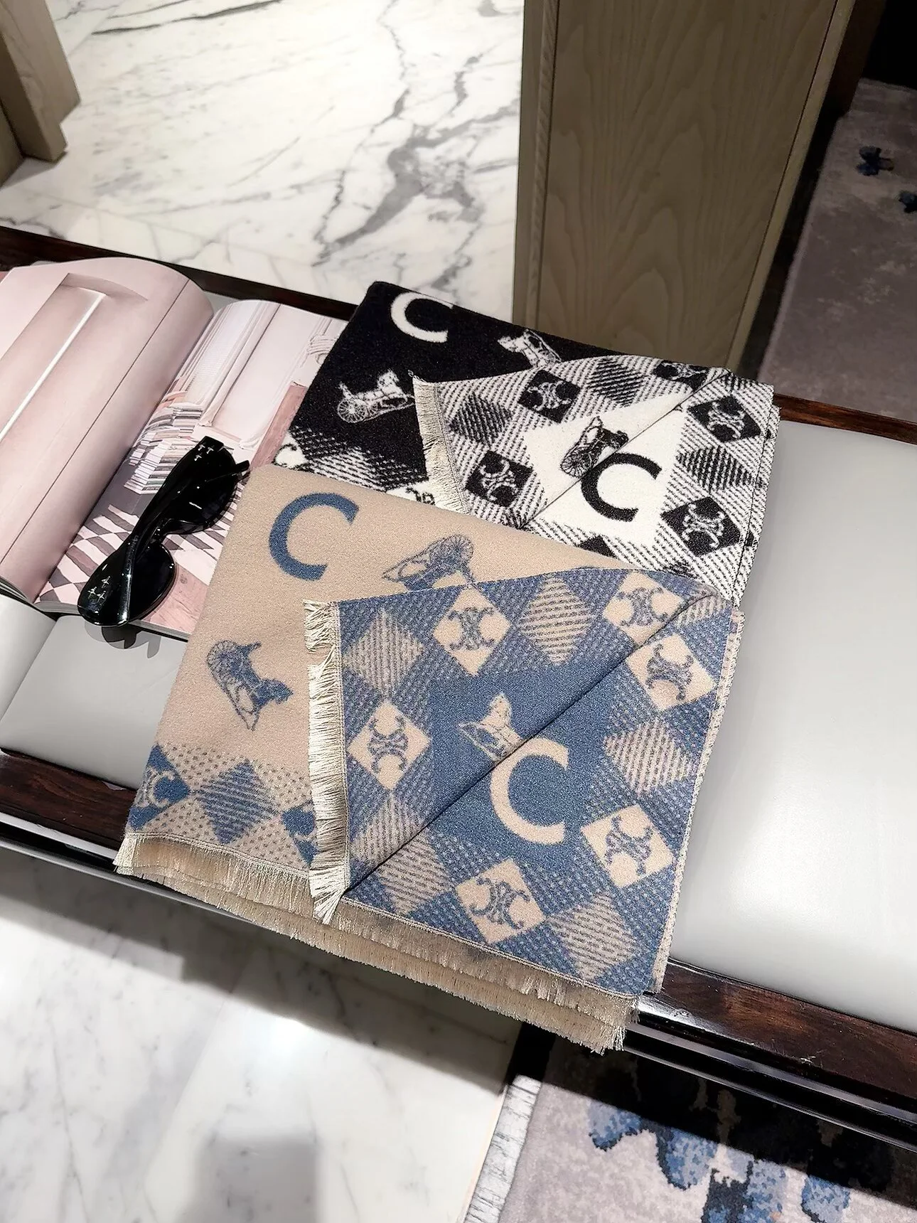 CELINE Scarves Cashmere Pink-Black 60X180 D510070915 - Image 9