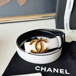 CHANEL Belts Calf Leather White-Gold-Black 3.0cm Width A6010050065