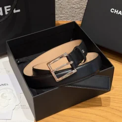 CHANEL Belts Calfskin Leather Black-Silver 3.0cm Width A7010050123