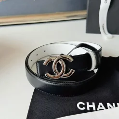 CHANEL Belts Calfskin Leather Black-White-Silver 3.0cm Width A6010050066