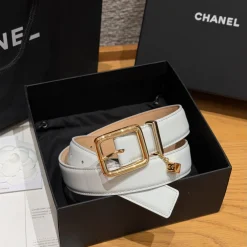 CHANEL Belts Calfskin Leather White-Gold 3.0cm Width A7010050111