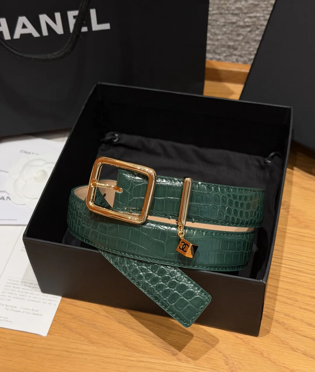 CHANEL Belts Crocodile Calfskin Green-Gold 3.0cm Width A3510073450