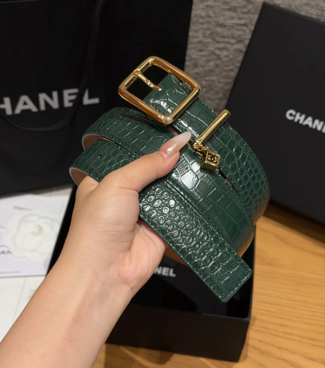 CHANEL Belts Crocodile Calfskin Green-Gold 3.0cm Width A3510073450 - Image 2