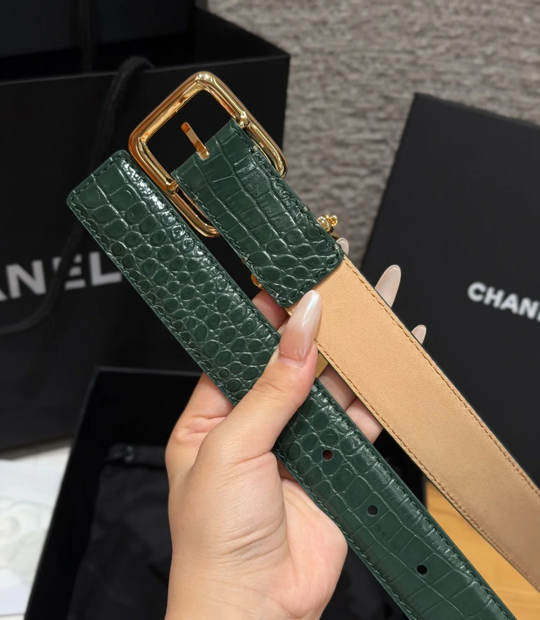 CHANEL Belts Crocodile Calfskin Green-Gold 3.0cm Width A3510073450 - Image 3