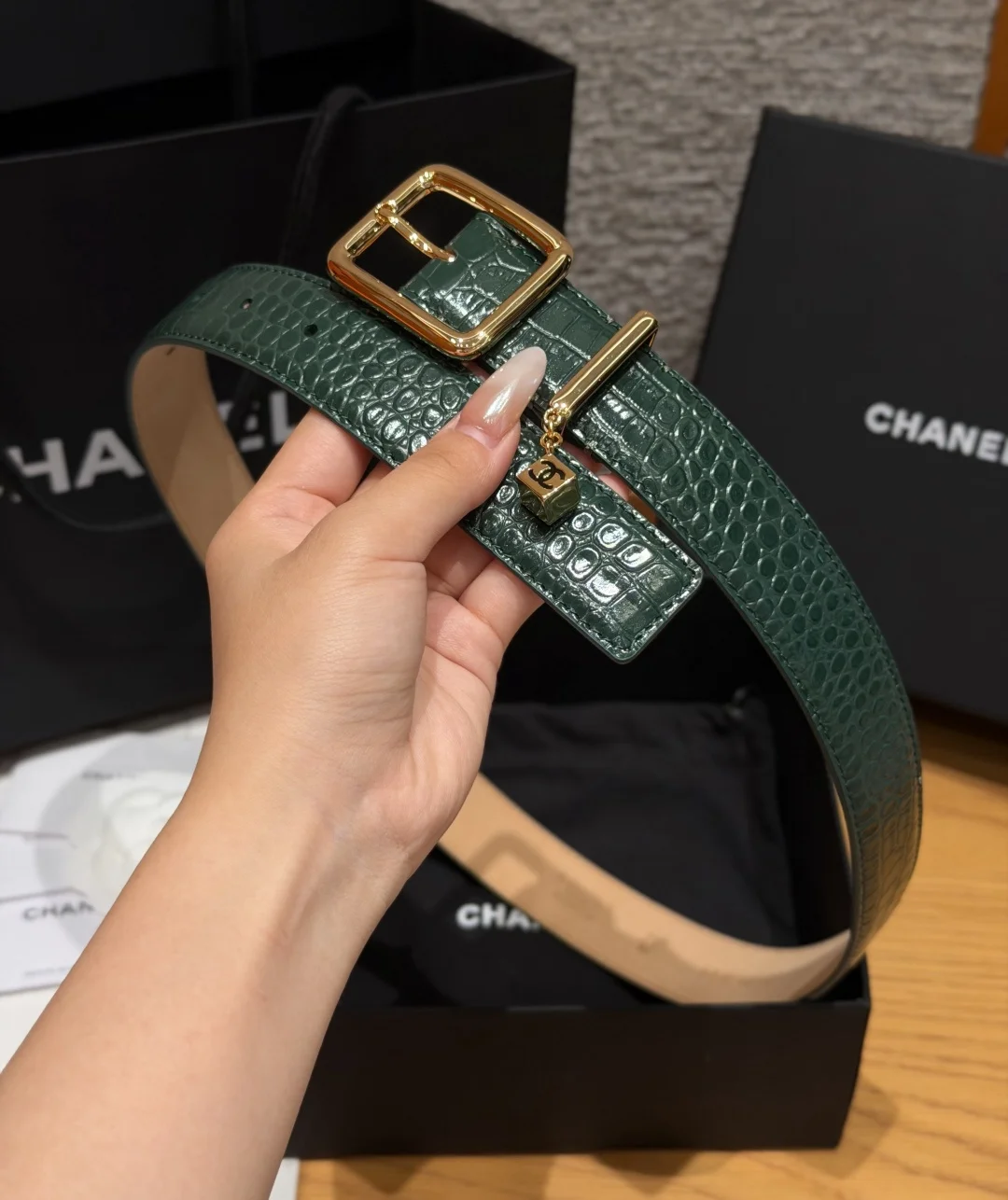 CHANEL Belts Crocodile Calfskin Green-Gold 3.0cm Width A3510073450 - Image 5