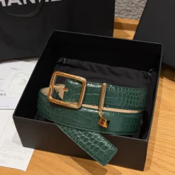 CHANEL Belts Crocodile Embossed Calfskin Green-Gold 3.0cm Width A7010050138