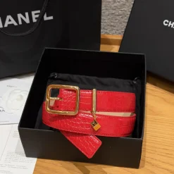 CHANEL Belts Crocodile Embossed Calfskin Red-Gold 3.0cm Width A7010050139