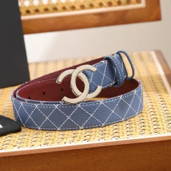 CHANEL Belts Togo Calf Leather Blue-Silver 3.0cm Width A9010050086