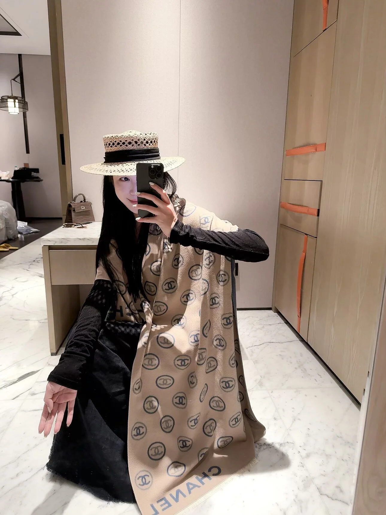CHANEL Scarves Cashmere Beige-Black One Size D510070919