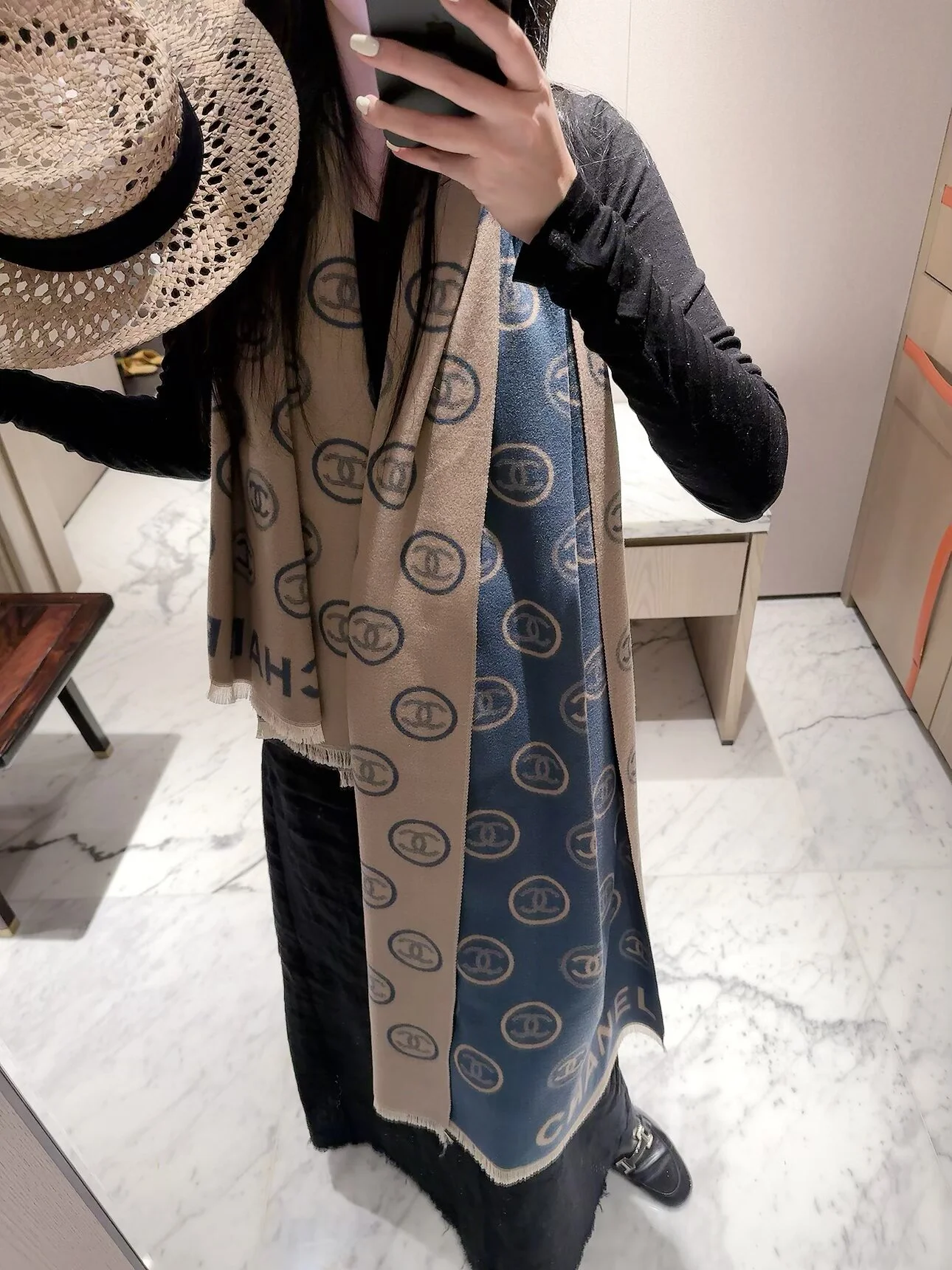 CHANEL Scarves Cashmere Beige-Black One Size D510070919 - Image 2