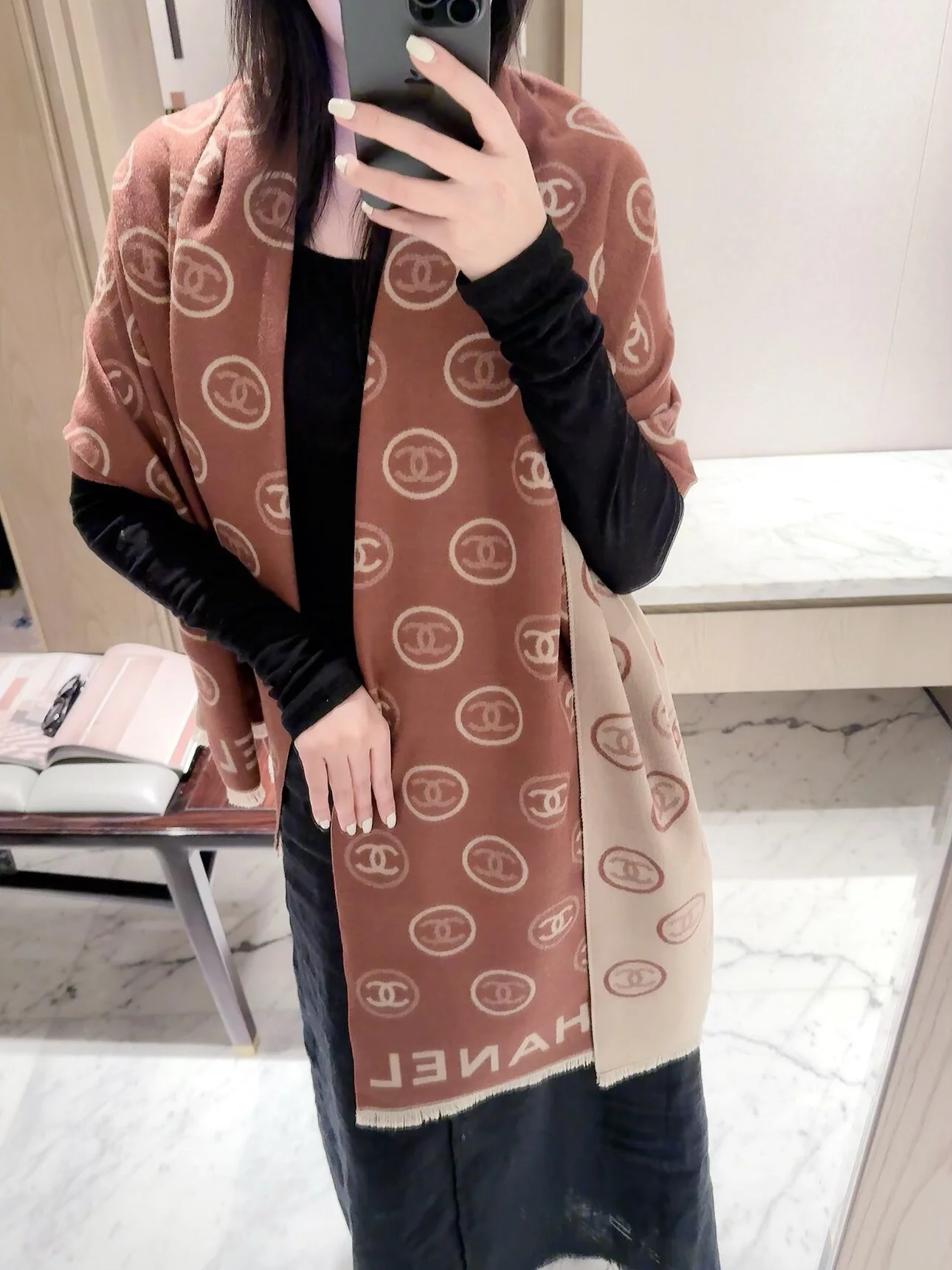 CHANEL Scarves Cashmere Beige-Black One Size D510070919 - Image 6