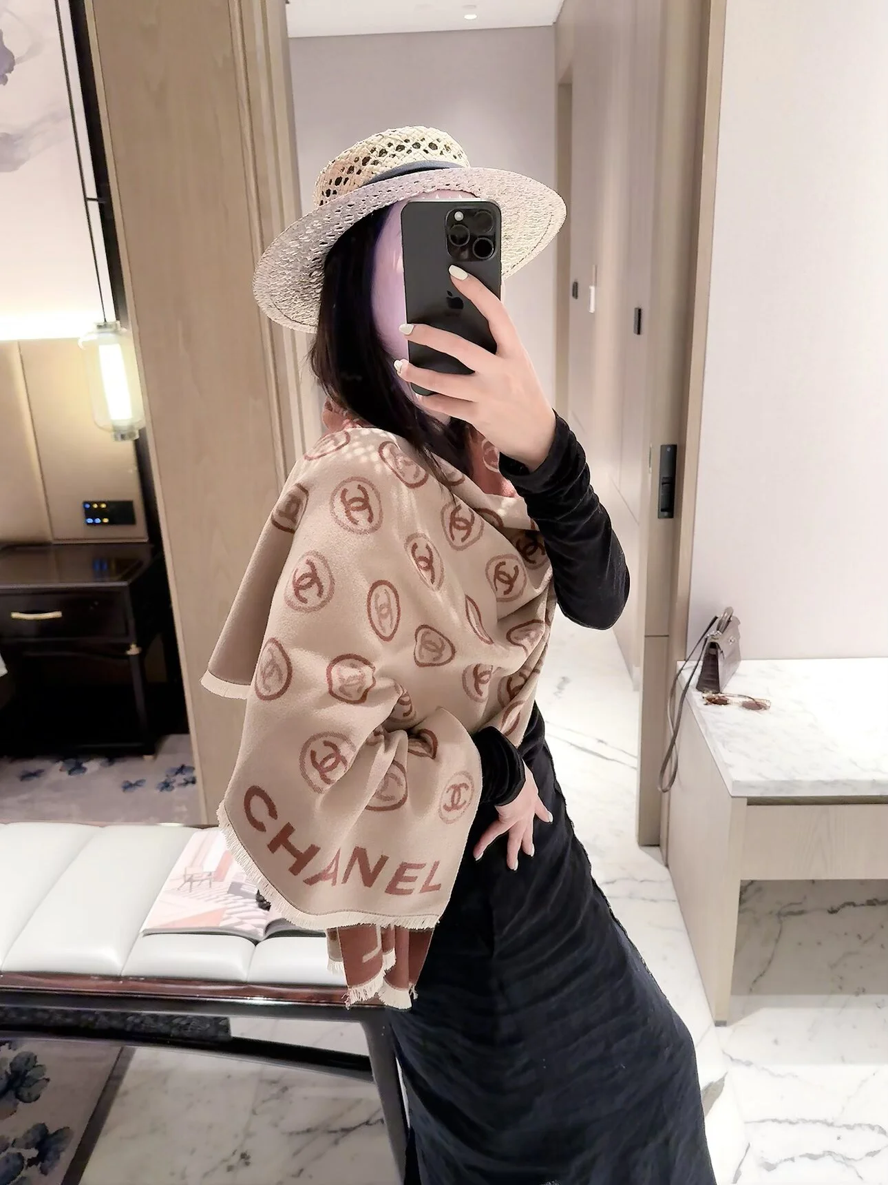 CHANEL Scarves Cashmere Beige-Black One Size D510070919 - Image 7