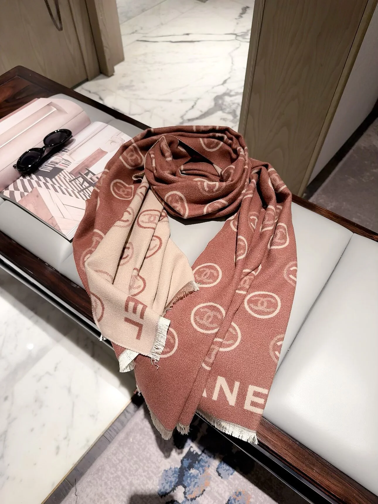 CHANEL Scarves Cashmere Beige-Black One Size D510070919 - Image 8
