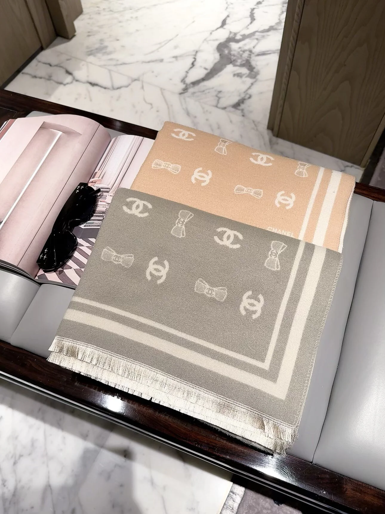 CHANEL Scarves Cashmere Beige-White 180X60CM D510070916 - Image 9