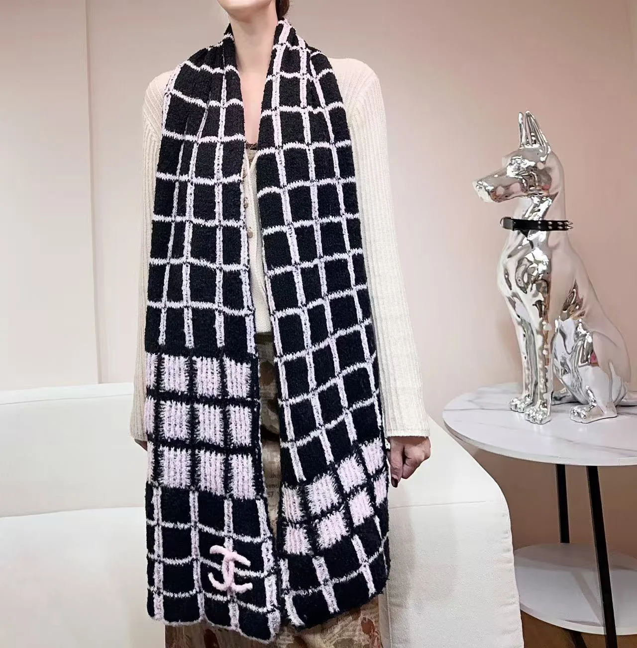 CHANEL Scarves Cashmere Black-Pink 30_180CM A1010072952