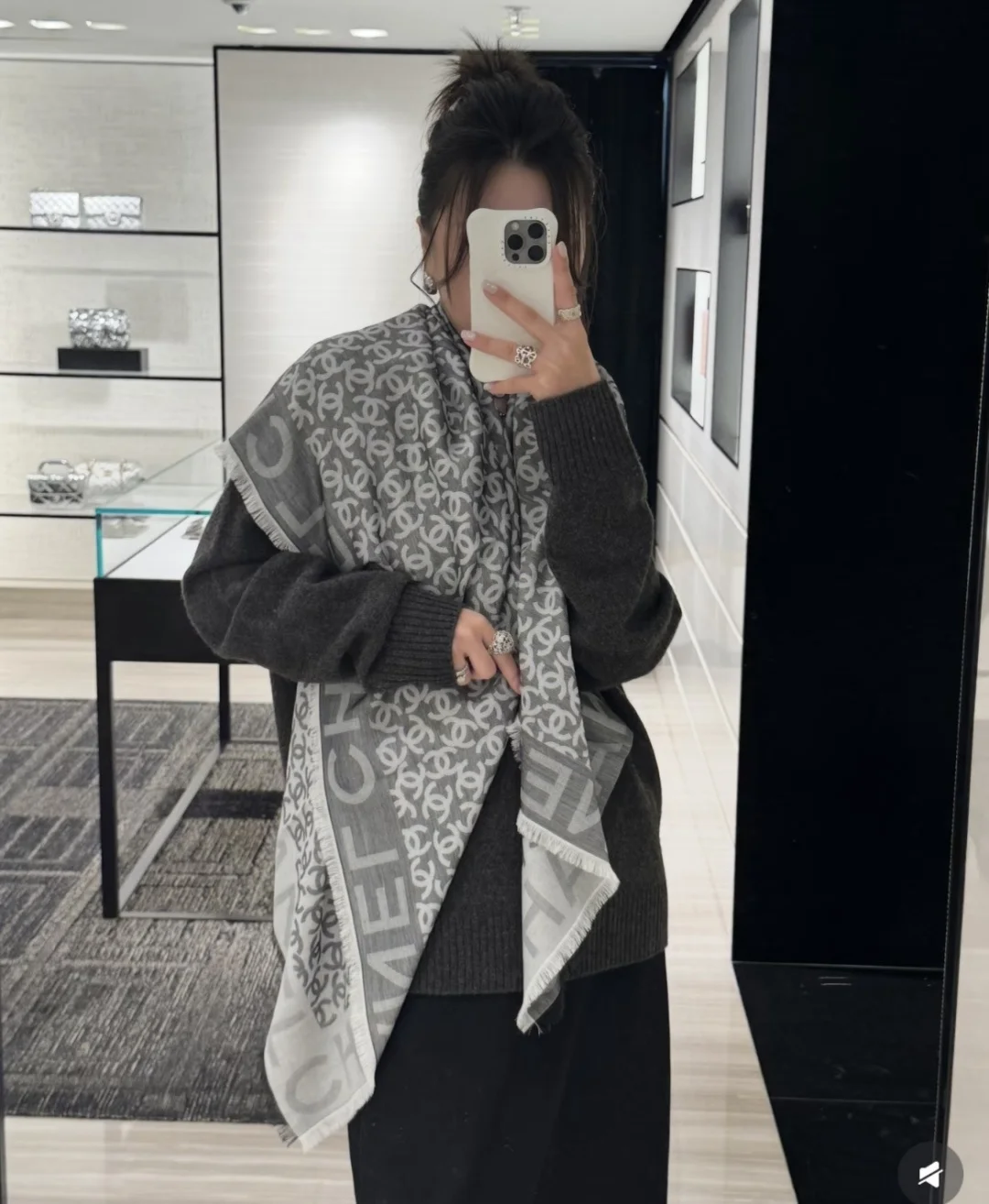 CHANEL Scarves Cashmere Cotton Silk Gray-White One Size A5510070393