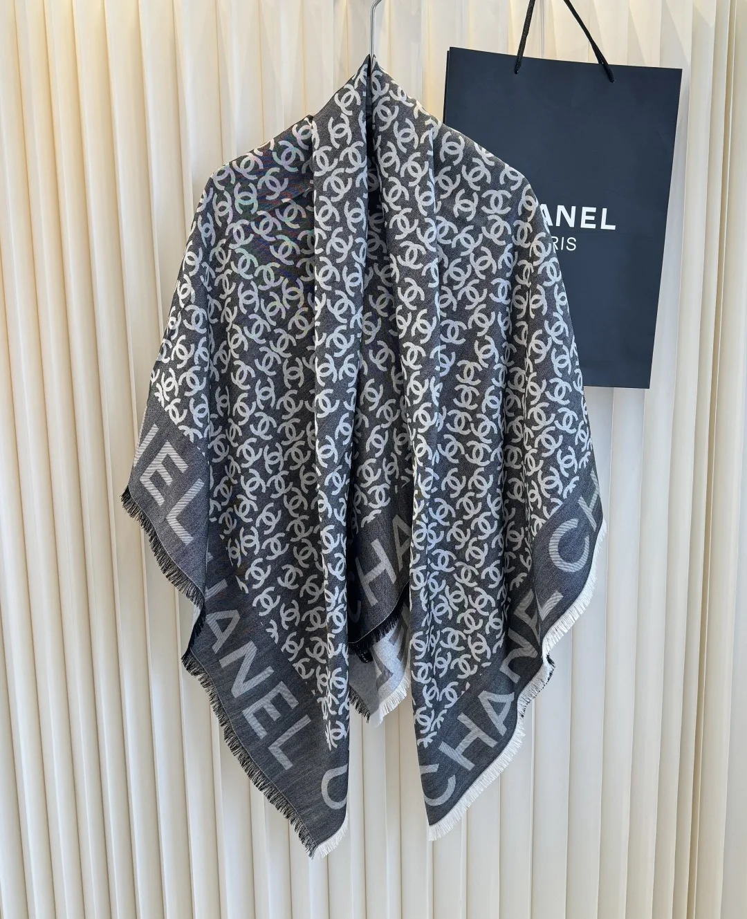 CHANEL Scarves Cashmere Cotton Silk Gray-White One Size A5510070393 - Image 2