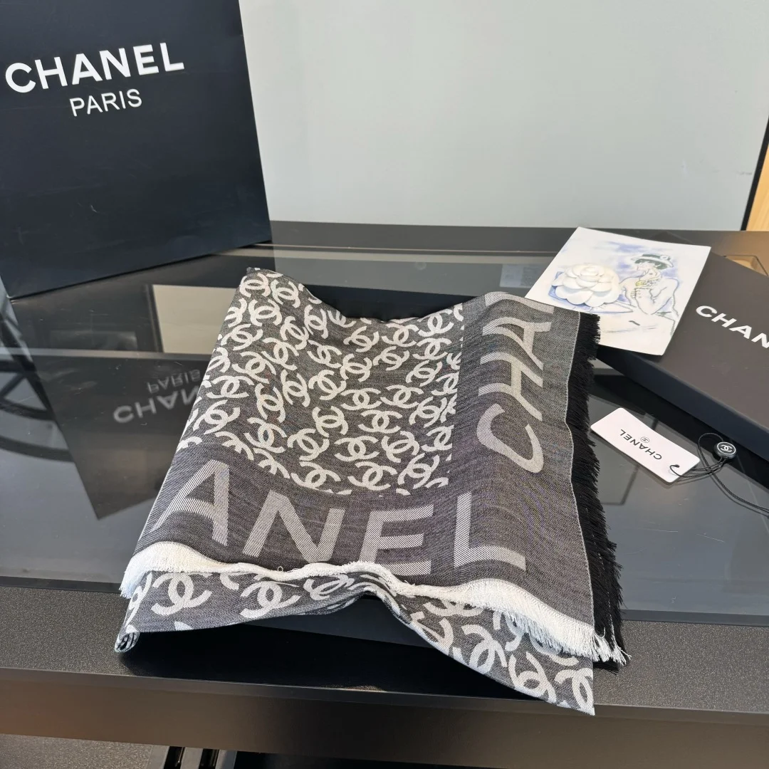 CHANEL Scarves Cashmere Cotton Silk Gray-White One Size A5510070393 - Image 3