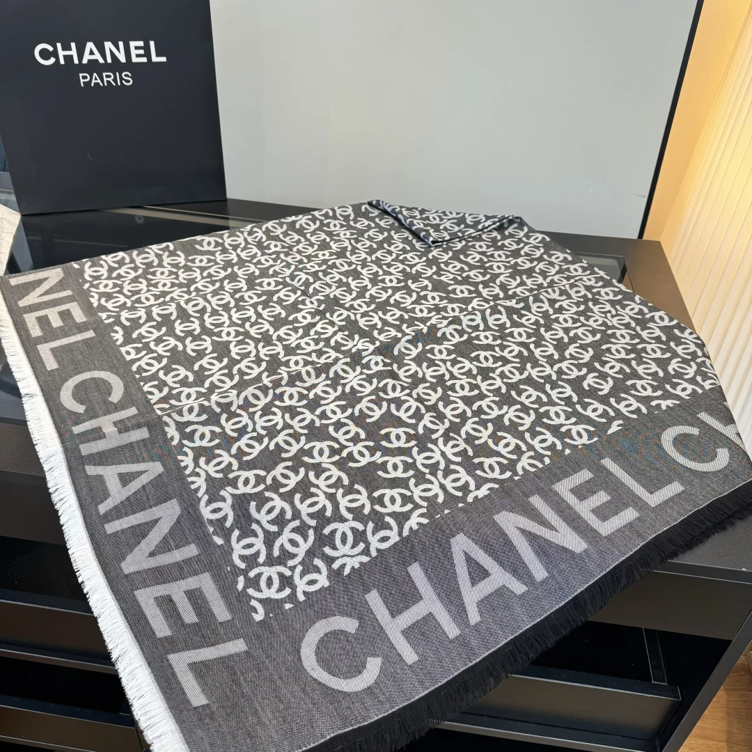 CHANEL Scarves Cashmere Cotton Silk Gray-White One Size A5510070393 - Image 4
